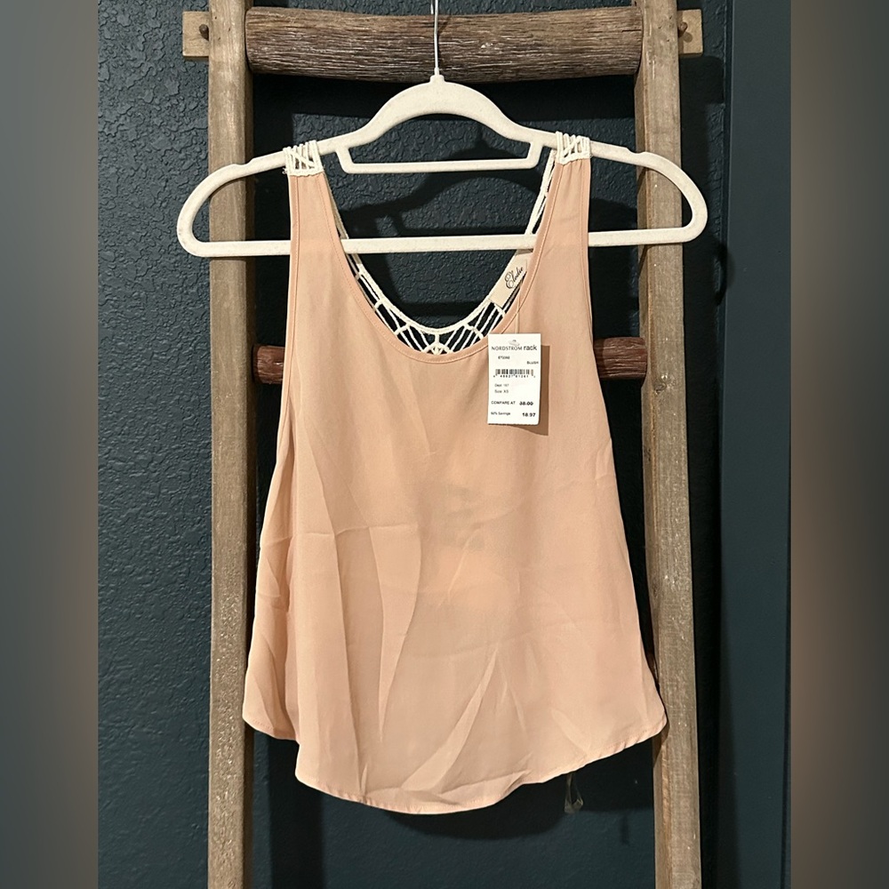 NWT Elodie Blush Tank Top with crochet open back. Size XS